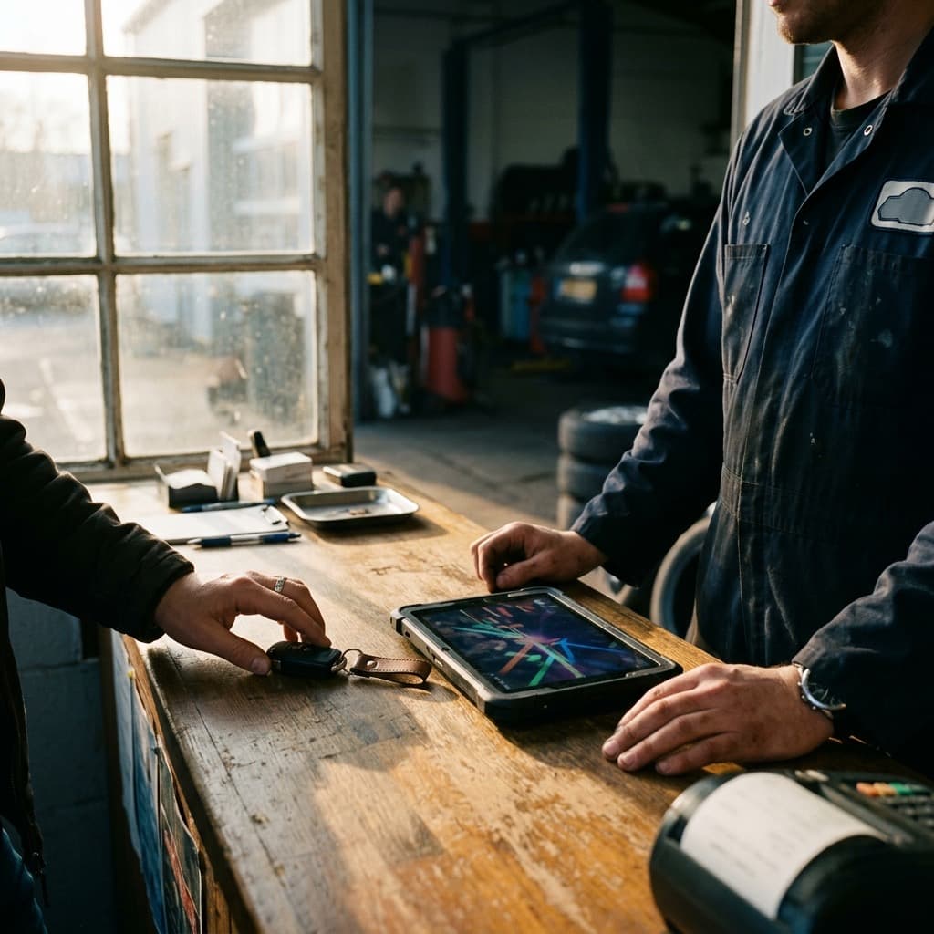 Klant legt de autosleutel op de balie van de garage